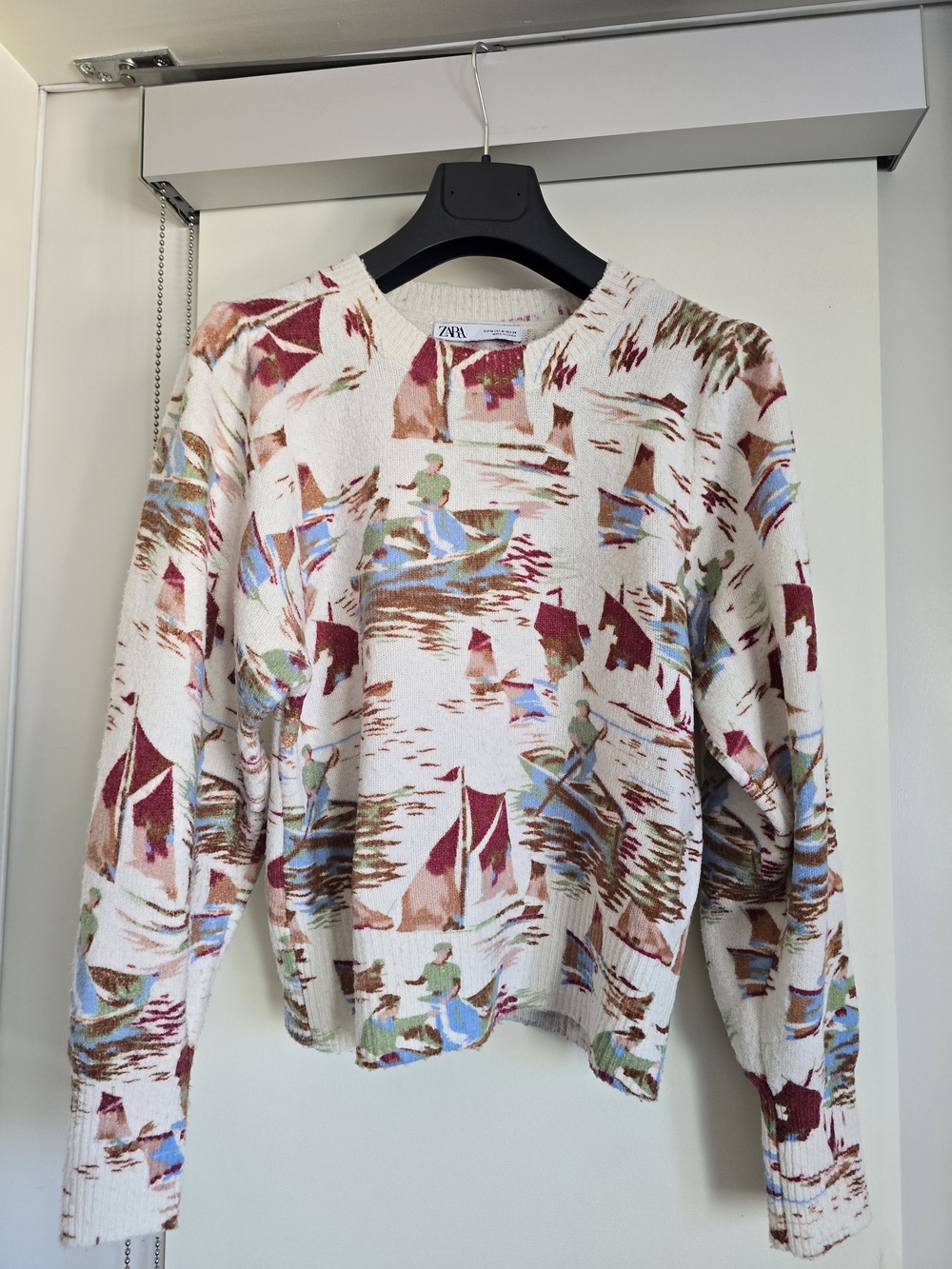Zara Sailor Soft Feel Oversized Cream Crewneck Sweater Landscape Print - SZ Med - Picture 2 of 9